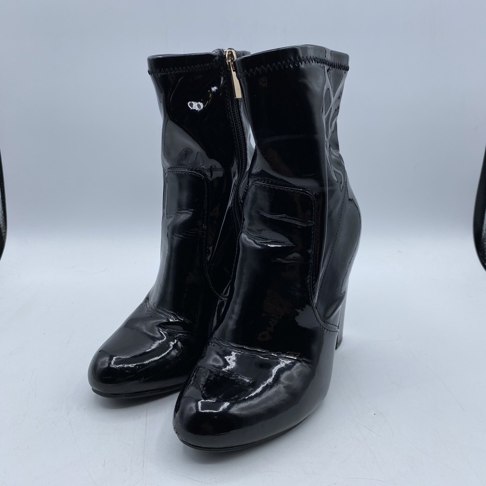 Bamboo Black Patent Ankle Boots Womens 6.5 Block Heel Booties Side Zip
